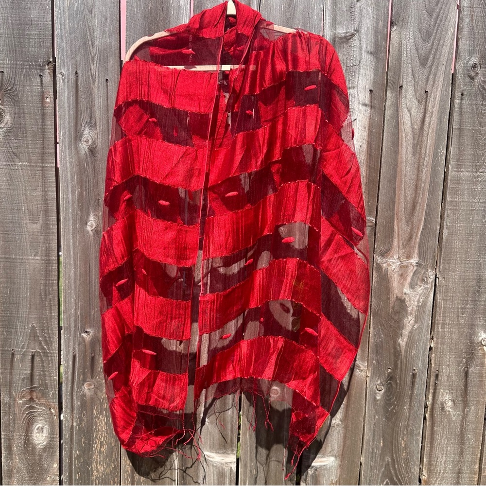 Tanjore Silk Red Sheer Shawl/Scarf Fringes 72” X 27”